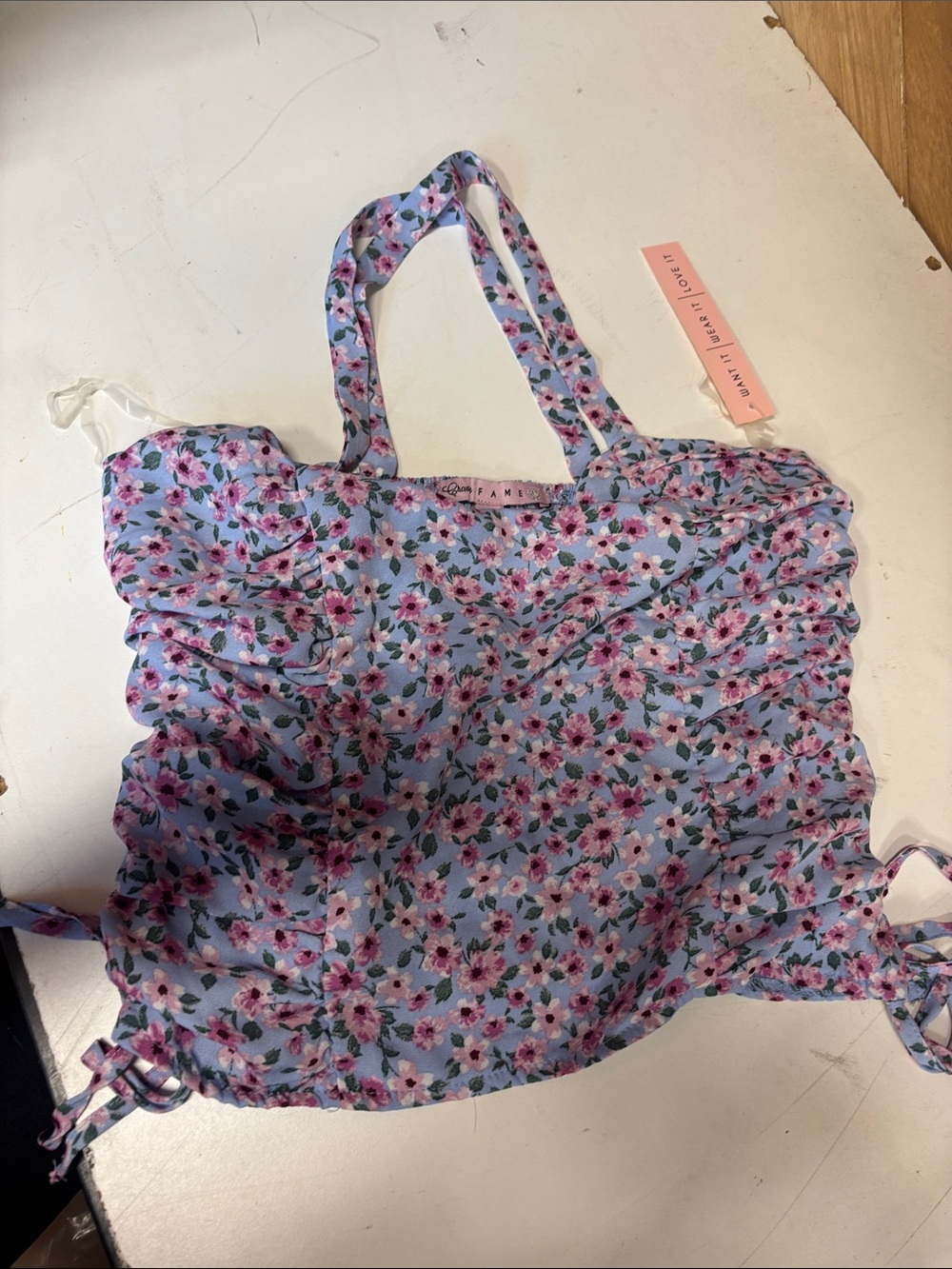 Crave Fame Light Blue Floral Ruched Tote with Pink Flowers